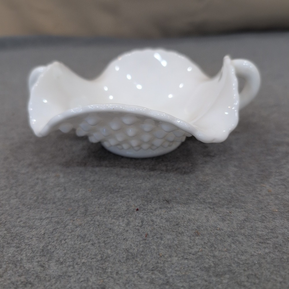 Fenton White Milk Glass Hobnail‎ Ruffled Double Handled Bon Bon Candy Dish